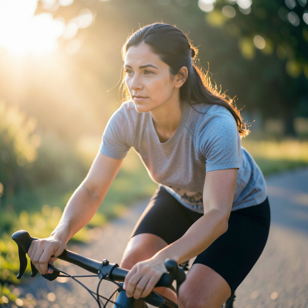 Portrait of a female cyclist with dark hair, soft natural light